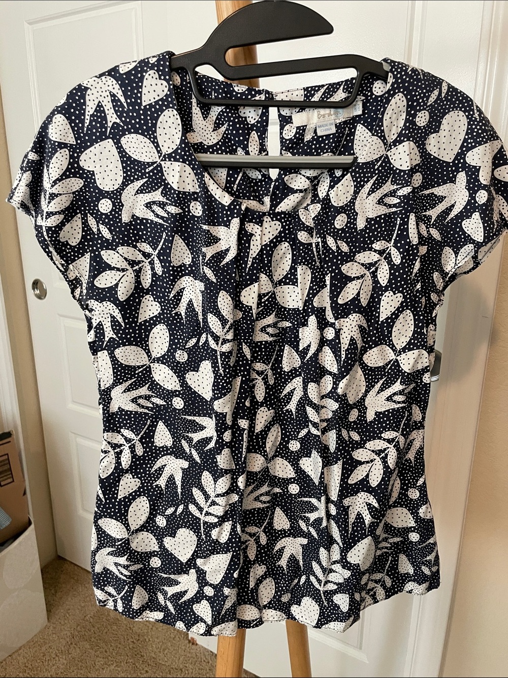 Navy and White Leaf & Bird Dot Print Blouse